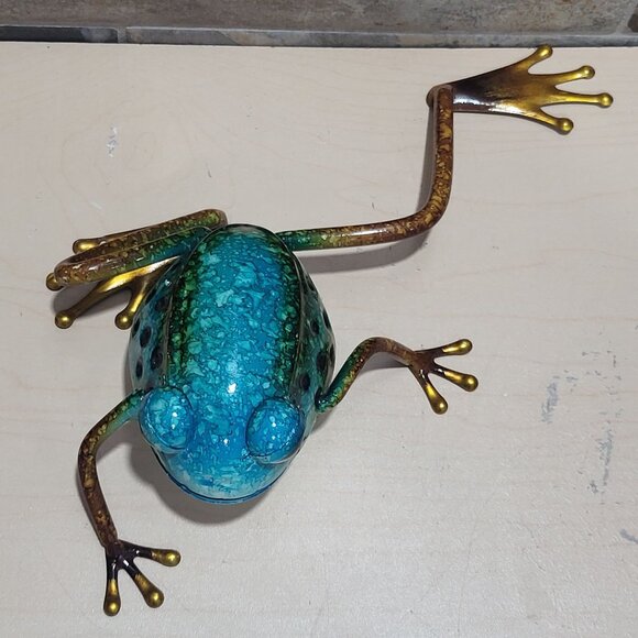 Vintage Metal Frog Figurine Sculpture Metallic Finish Blue Green Bronze - Picture 4 of 12